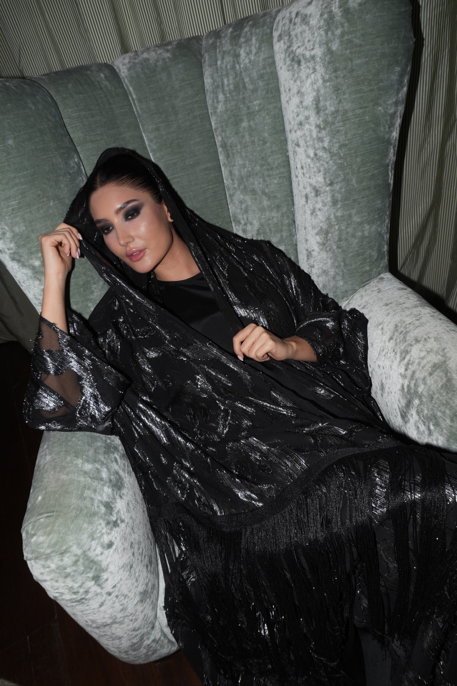 fine wear jacquard chiffon with tassels:  black with metallic chains texture