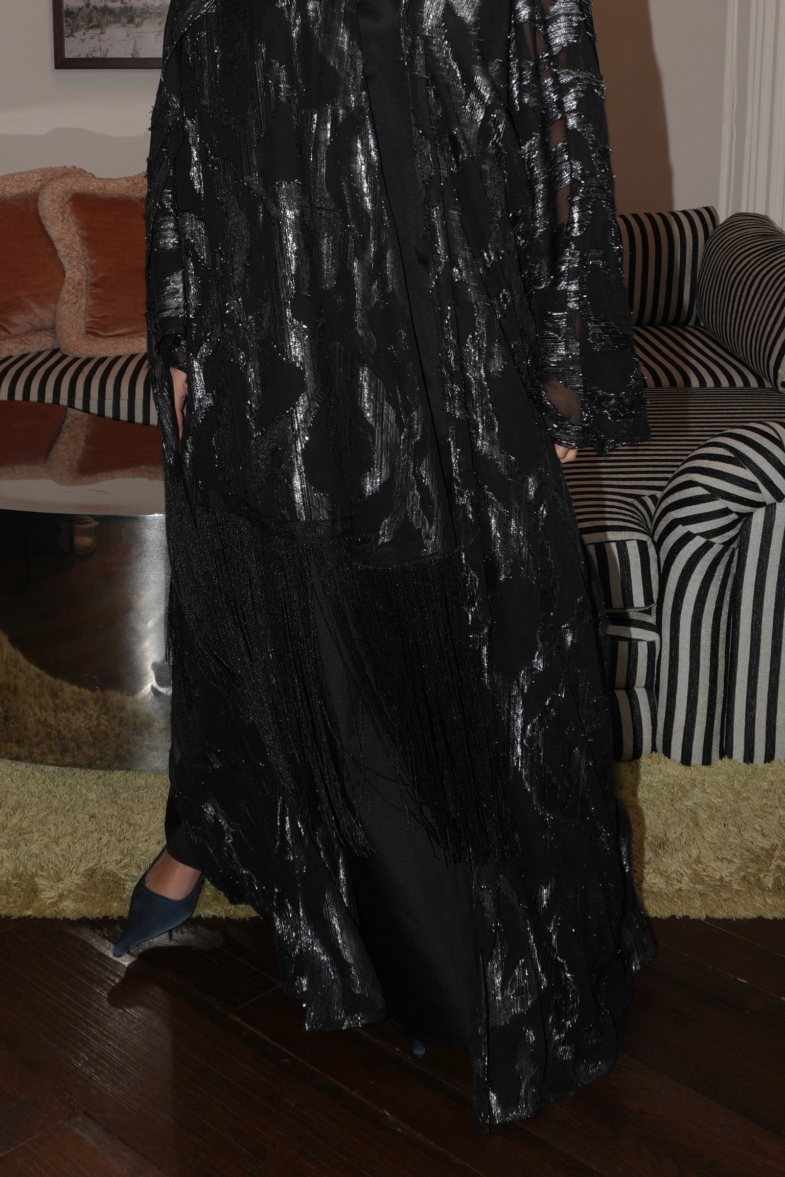 fine wear jacquard chiffon with tassels:  black with metallic chains texture