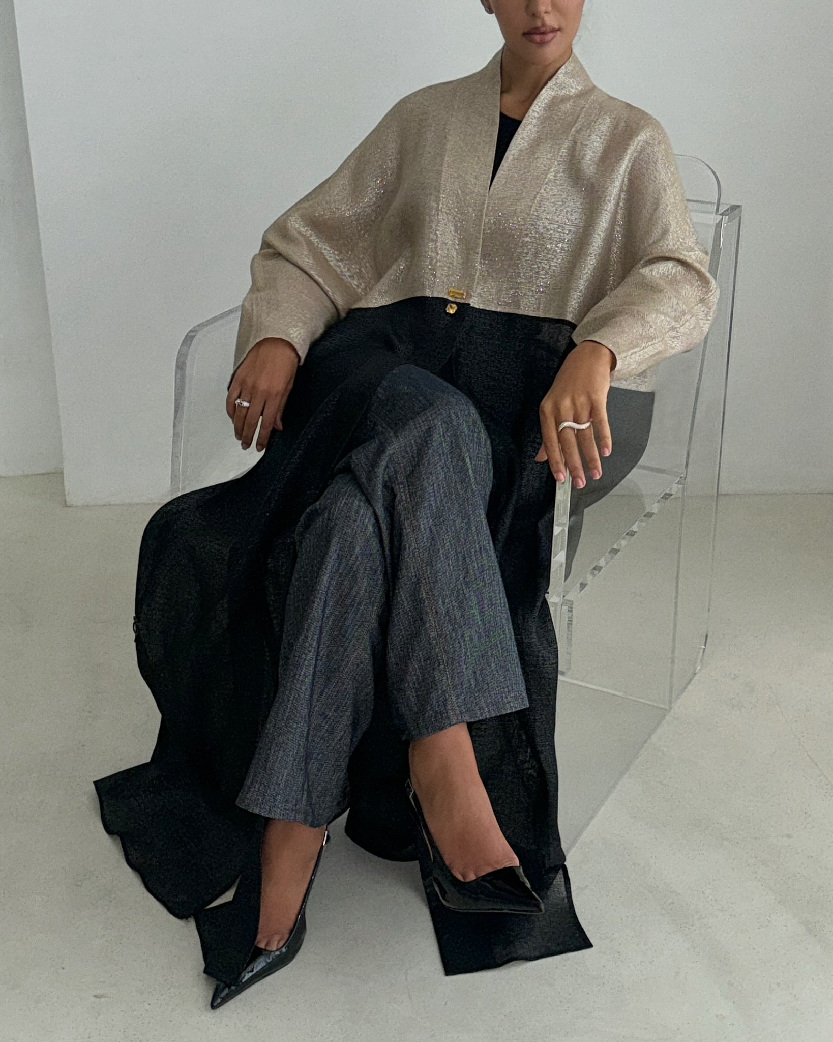 hybrid kimono with zircon - beige/black
