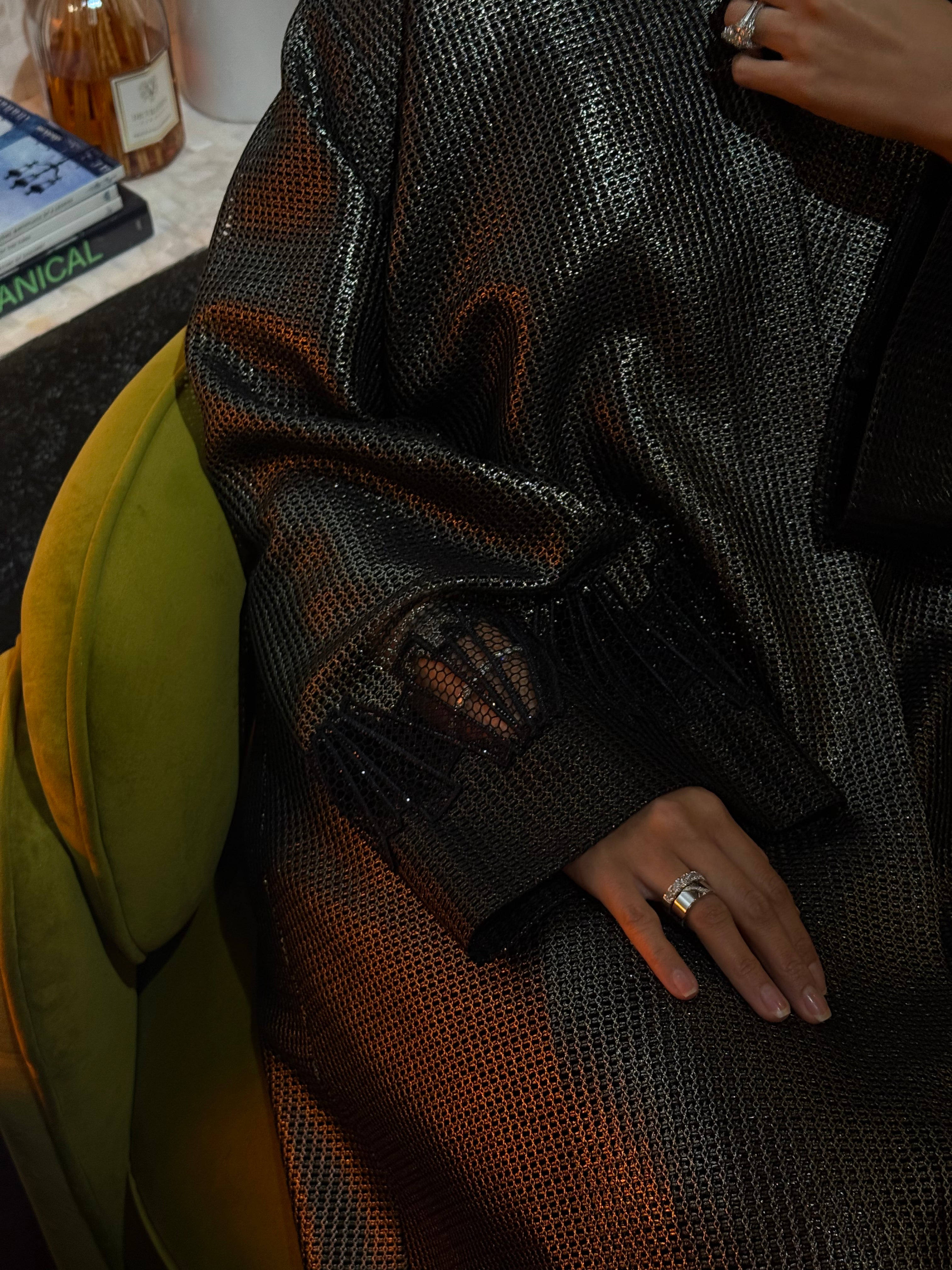 metallic open weave mesh abaya