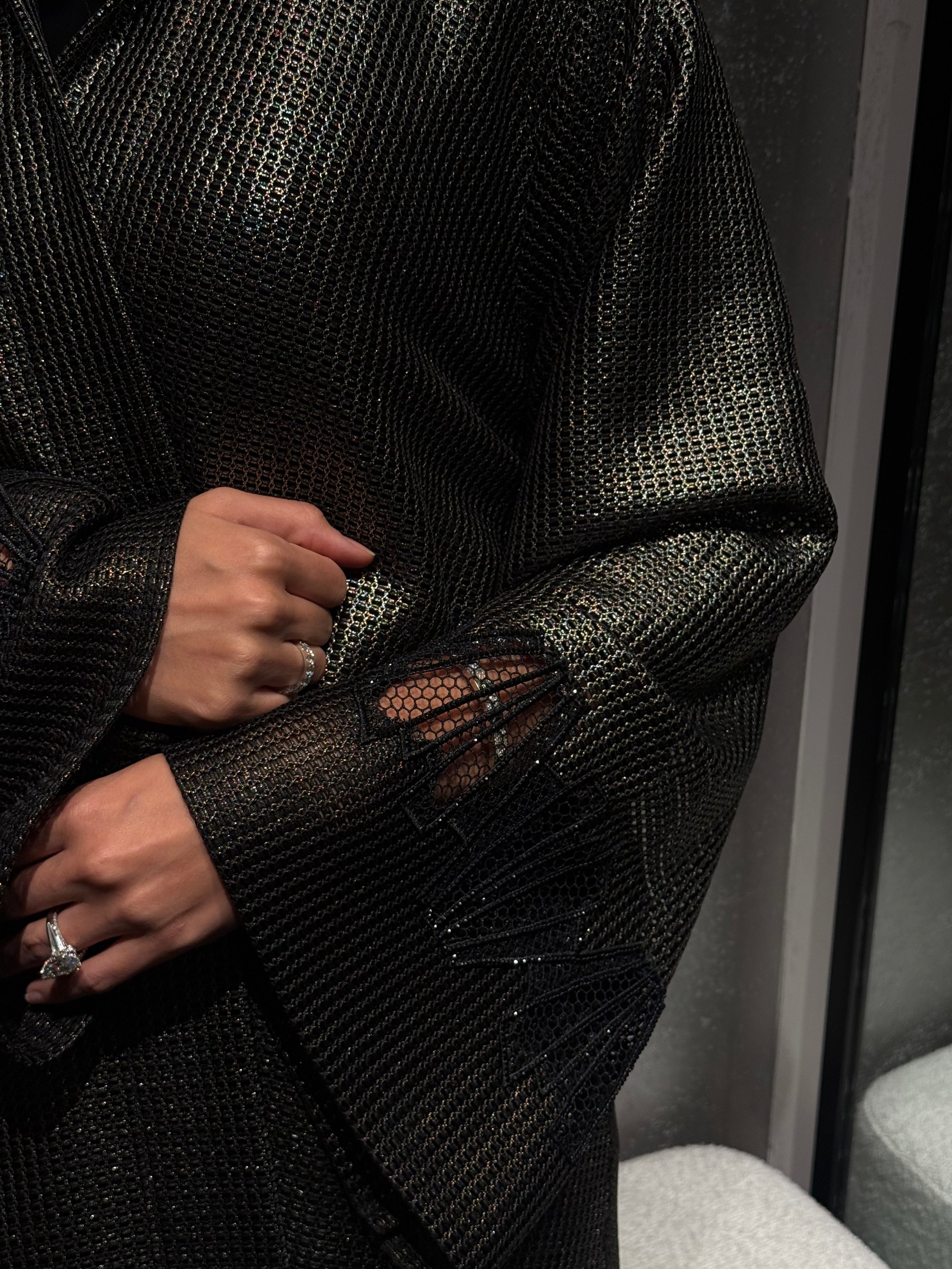 metallic open weave mesh abaya