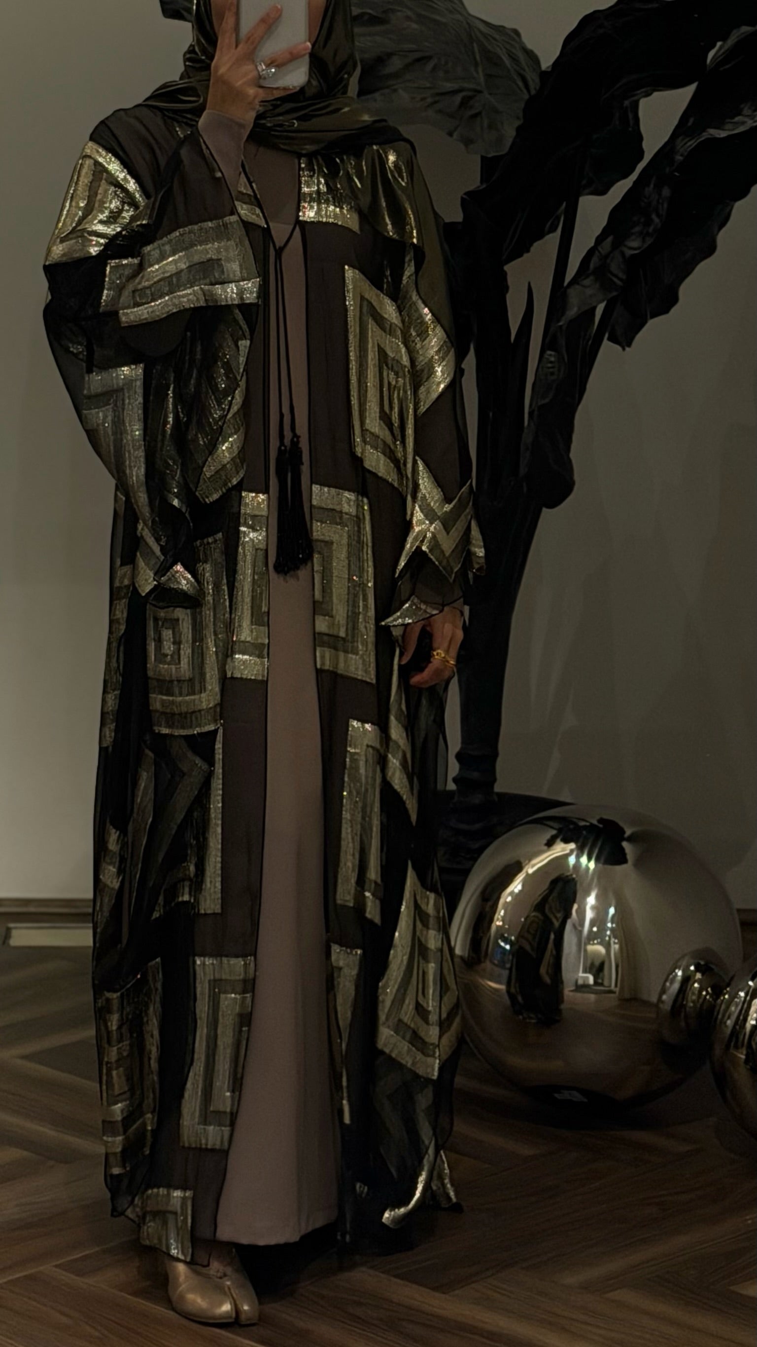 pure silk chiffon throw on with inner dress - black/gold